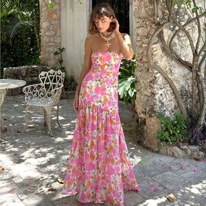 12th Tribe Strapless Floral Maxi Dress in Pink and Orange